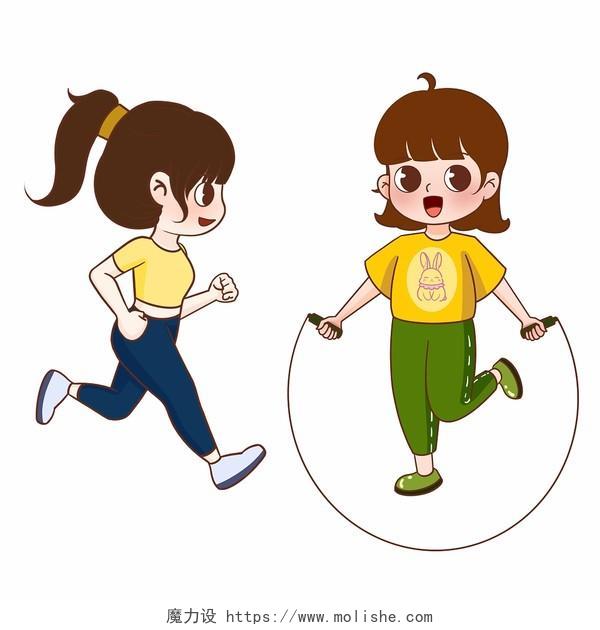 卡通女孩运动户外跑步跳绳组合图插画素材png